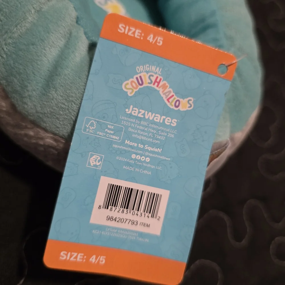 Squishmallow Kids Dinosaur Plush Slippers Gray & Blue‎ NWT Size 4/5 Youth
